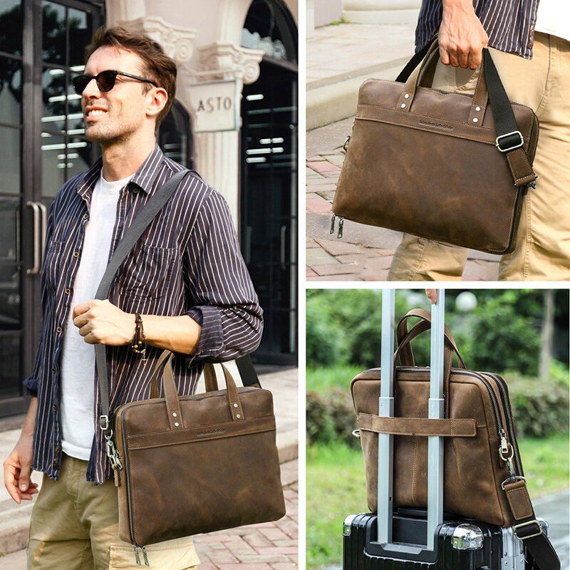 Genuine Leather Men Briefcase Vintage Large Laptop Bag for 14 Inch Shoulder Messenger Bags Male Business Tote Handbag