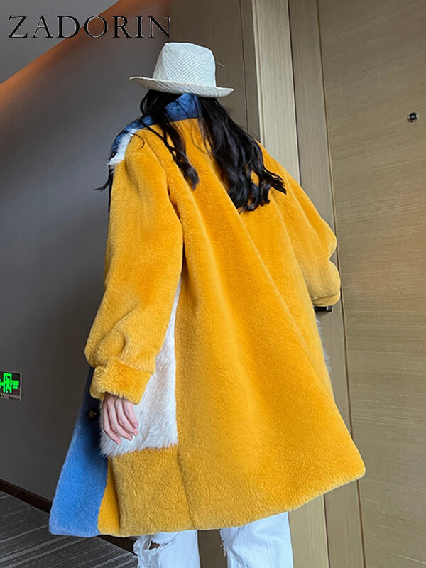 ZADORIN-Casaco longo de pele sintética feminino, casaco peludo, quente, emenda, cor de contraste, azul, cardigã, inverno, 2022