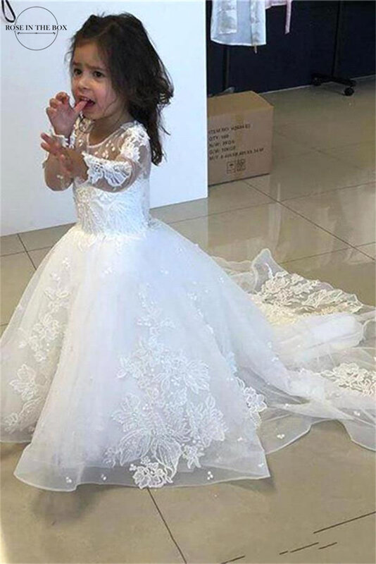 Gaun Gadis Bunga Putri Baru untuk Pernikahan Anak-anak Gaun Pesta Renda Applique Gaun Seremonial Anak Perempuan dengan Lengan Vestido