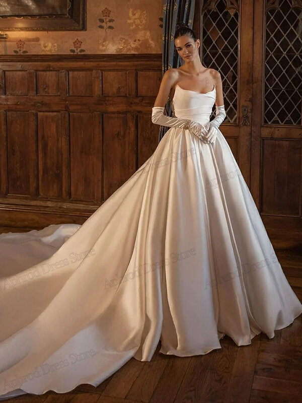 Gaun pernikahan terbaru gaun pengantin Satin sederhana jubah tali Spaghetti A-Line untuk pesta Formal Vintage Vestidos De Novia 2024