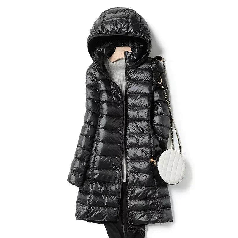 Piumino invernale, piumino d'anatra bianco giacca lunga con cappuccio da donna, giacca calda a maniche lunghe, cappotti giacca da donna Parka