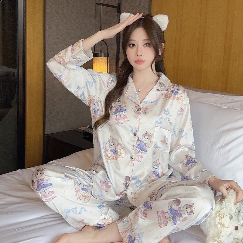 Spring Summer New Pajamas Women's Long-sleeved Thin High-end Sleepwear Ice Silk Niche Loungewear Set V-neck Loose Homewear