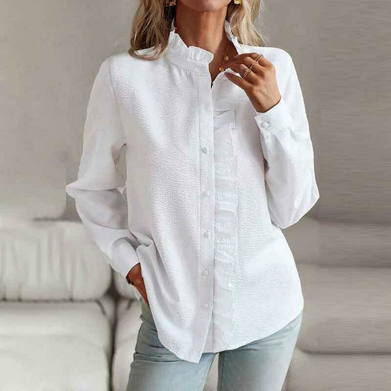 Soft Lady Shirt Chic Lapel Collar Ruffle Patchwork Blouse Elegant Mid-length Buttoned Top for Women's Fall Spring Wardrobe
