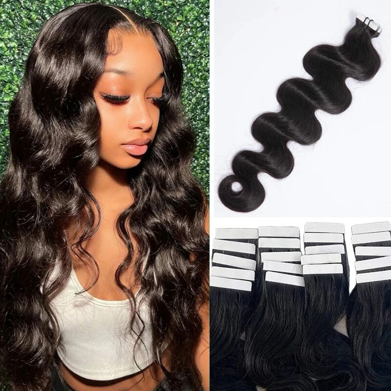 Extensiones de cabello negro Natural ondulado para mujeres negras, cinta de trama de piel de cuerpo humano, extensiones de cabello