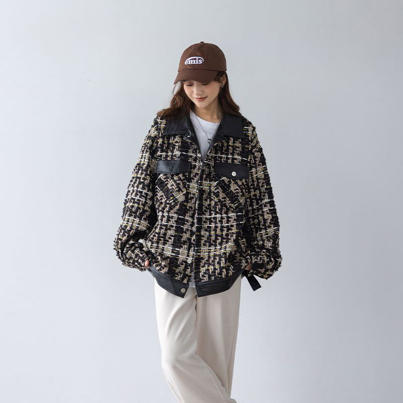 Chaqueta de lana holgada Vintage para mujer, abrigo de pata de gallo, ropa de calle coreana, solapa empalmada de Pu, chaquetas que combinan con todo, Otoño e Invierno