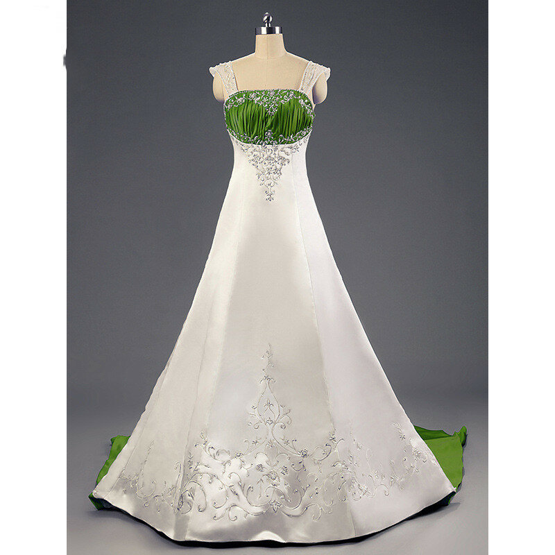 Biały i zielony myśliwy suknia ślubna Retro zroszony plamy haft kaplica pociąg kraju suknie ślubne szlafrok plus size sukien ślubnych