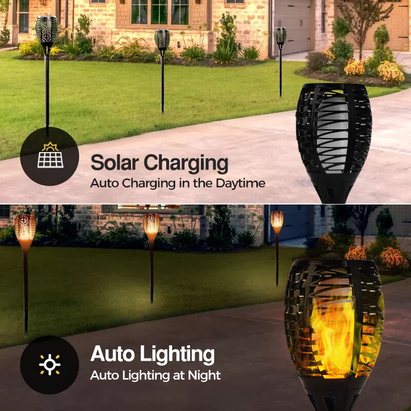 Lampe torche solaire LED imperméable, lanterne en flamme vacillante, pour cour, rue, Patio, balcon, chemin de pelouse