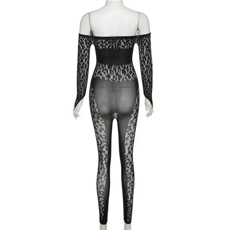 Hollow Out Jacquard Mesh Jumpsuit Women Sexy Rhinestone Buttons See Through Slash Neck Off Shoulder Long Sleeve Skinny Overalls