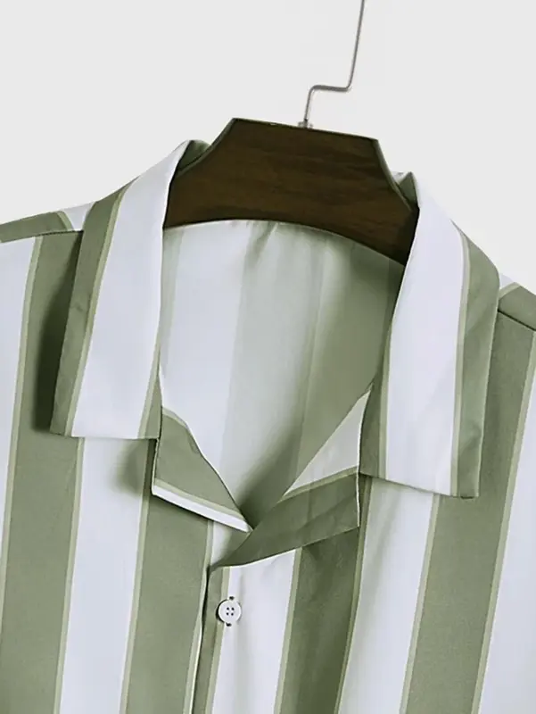 Мужской комплект из 2 предметов, Гавайская Повседневная Свободная рубашка в полоску с короткими рукавами и шорты с завязками на пуговицах, костюм в уличном стиле, новинка 2024