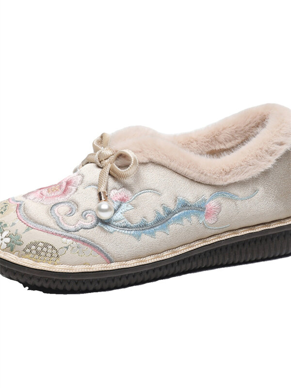 Hanfu รองเท้าแบบนุ่มแบบหนาสำหรับผู้หญิง, 1คู่อบอุ่นแบบใหม่สำหรับฤดูหนาวรองเท้าปักลายโบราณไม่ลื่นของขวัญสำหรับเด็กผู้หญิง
