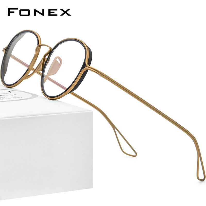 FONEX-Montura de gafas de titanio para hombre y mujer, lentes ópticas graduadas redondas Vintage con anillo de titanio, F85688