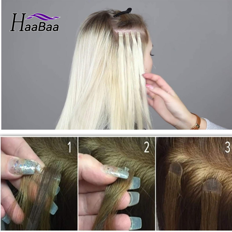 HaaBaa-Extensions de Cheveux Humains Raides, Postiches Naturelles Sans Couture, Mini Ruban Adhésif, Brun, 12 ", 16", 20 ", 24", 10Pcs par Paquet