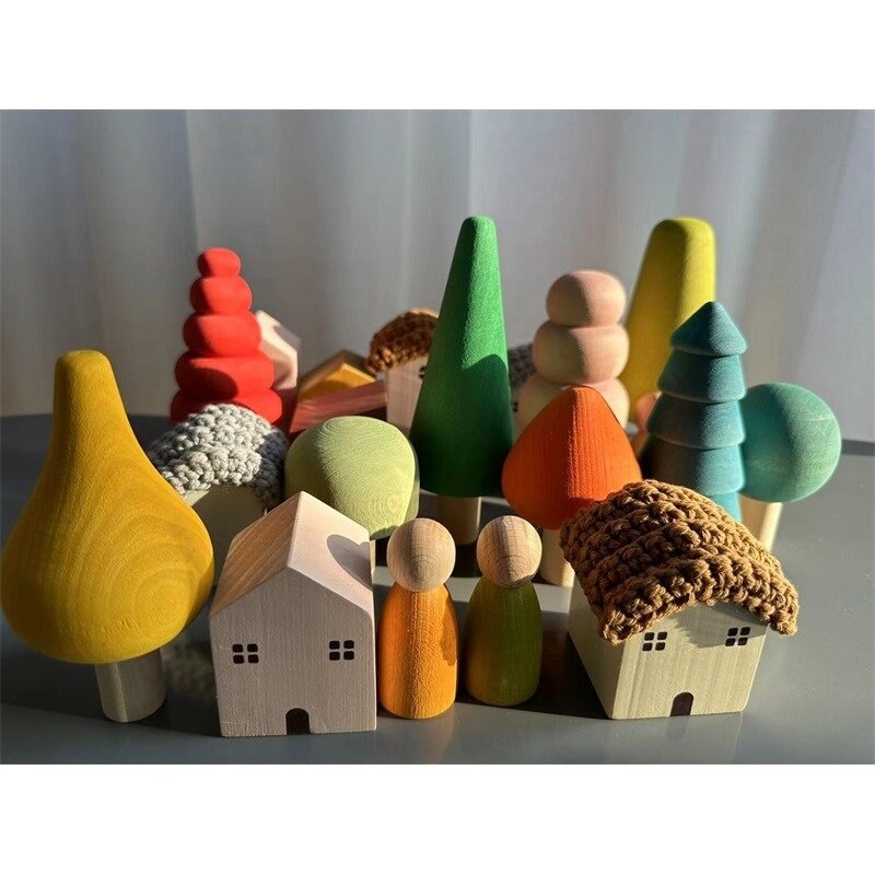 Blocos de construção de madeira pastel nórdico para crianças, brinquedos empilháveis, animais, arco-íris, floresta, árvores, casa, nórdico