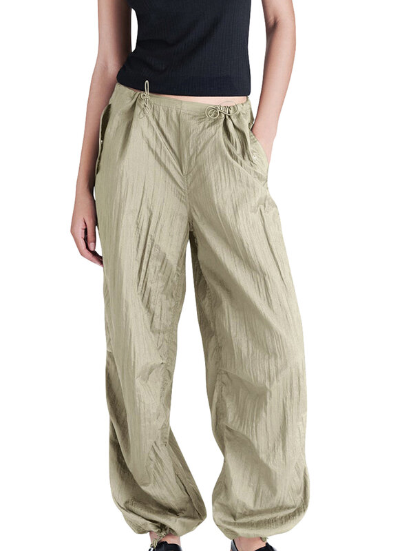 Women s Baggy Jogger Cargo Pants High Waist Solid Color Parachute Pants Drawstring Sweatpants