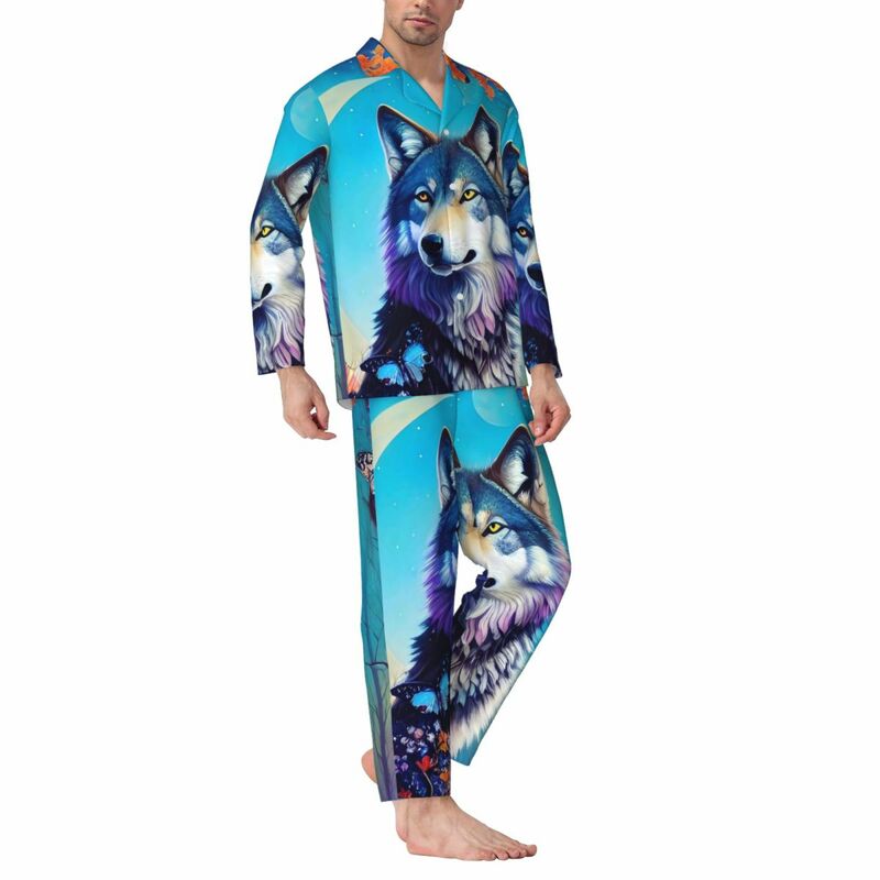 Lobo masculino em pijama de árvore florescente, estampado floral masculino, adorável pijama de quarto, terno casual oversize, outono, 2 peças