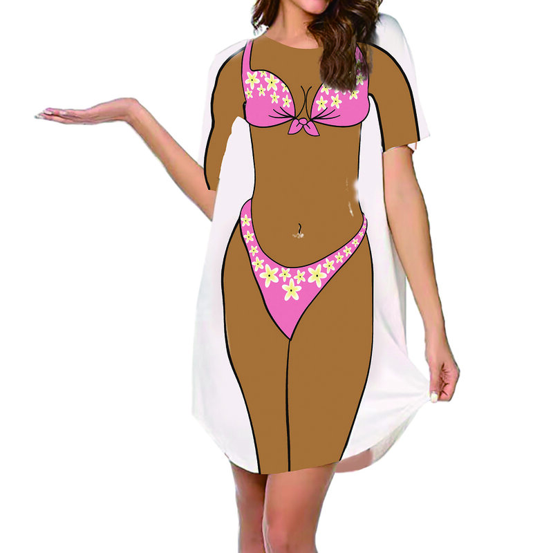 Koszula Bikini damska narzutka na plażę sukienki z krótkim rękawem śliczne Bikini drukuj luźne stroje kąpielowe codzienna koszulka sukienka