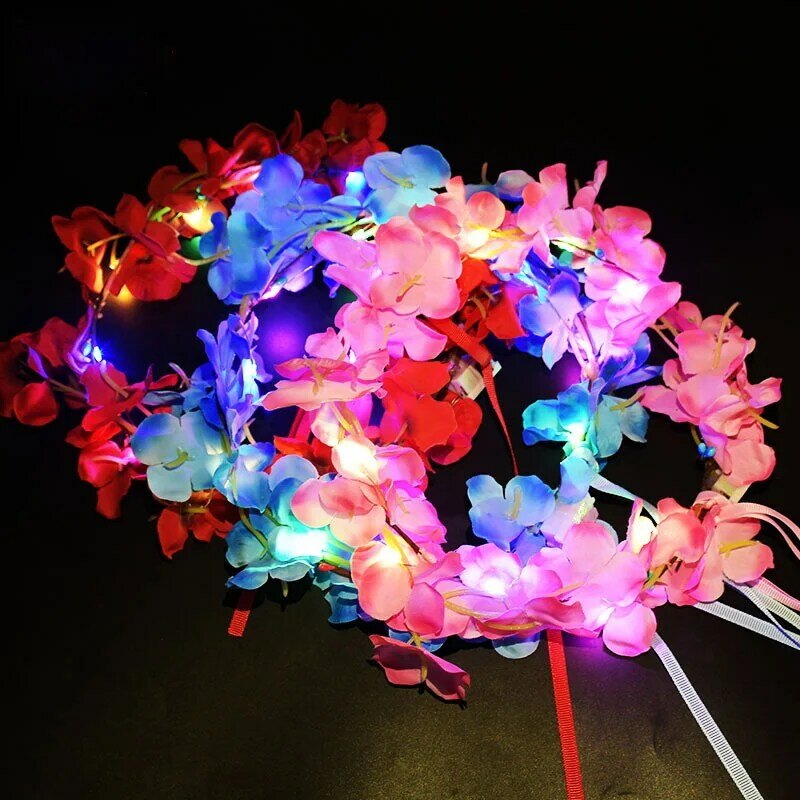 Bando bunga bercahaya lampu LED, hiasan kepala Hawai untuk pesta pertunangan pernikahan, lampu Natal karangan bunga mawar putih