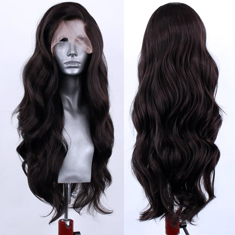 AIMEYA-Peluca de cabello sintético para mujer, cabellera artificial ondulado de 13x4, color marrón oscuro, resistente al calor, sin pegamento, para Cosplay