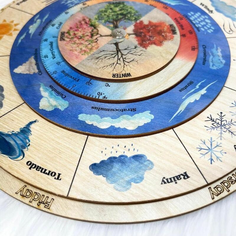Tabel cuaca kalender cuaca liontin kayu berputar montesori mainan pendidikan papan sensorik seni kerajinan cuaca mainan belajar
