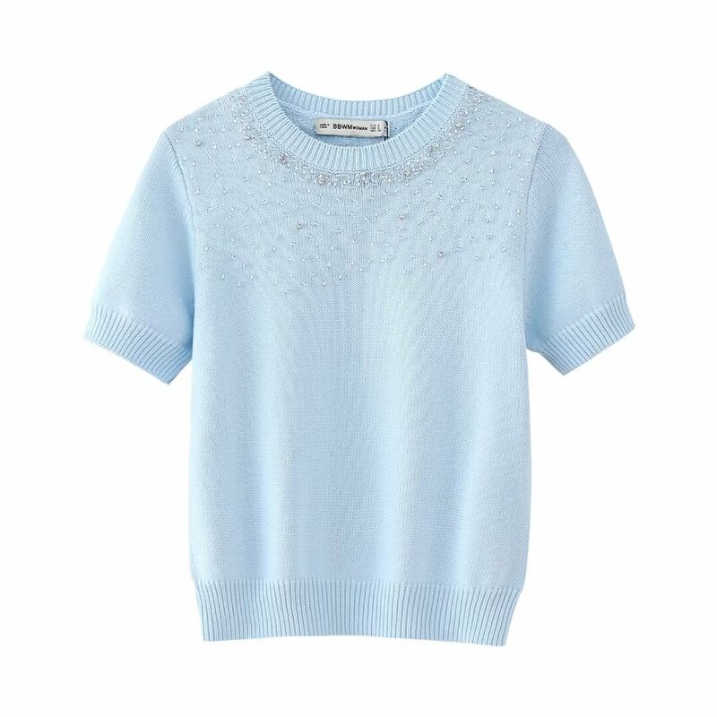 Women's 2024 New Fashion Rhinestone Decoration Short Casual Knitted Top Retro O Neck Short sleeved Women's Pullover Chic Top