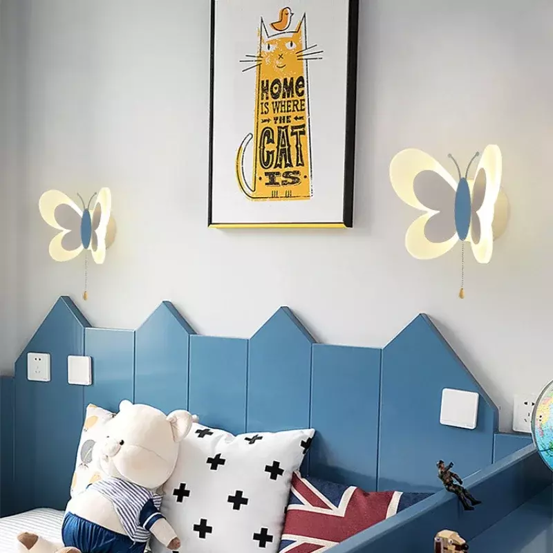 Lâmpada de parede LED criativa moderna para quarto de crianças, personagem de borboleta nórdico simples dos desenhos animados, candeeiro para meninos e meninas