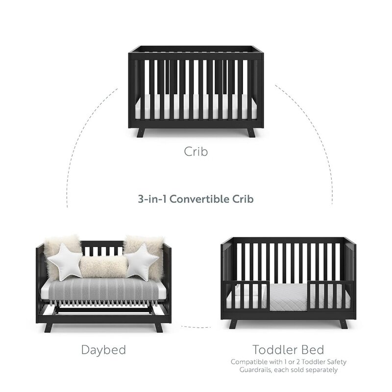 سرير أسود قابل للتحويل من Storkcraft Beckett ، يتحول من سرير الطفل إلى سرير الطفل الصغير وسرير نهاري ، يناسب الحجم الكامل القياسي