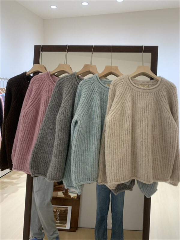 Koreanische lose gekräuselte dicke Strick pullover Frauen Herbst Winter Laterne O-Ausschnitt lässige Pullover hochwertige weiche wachsartige Tops