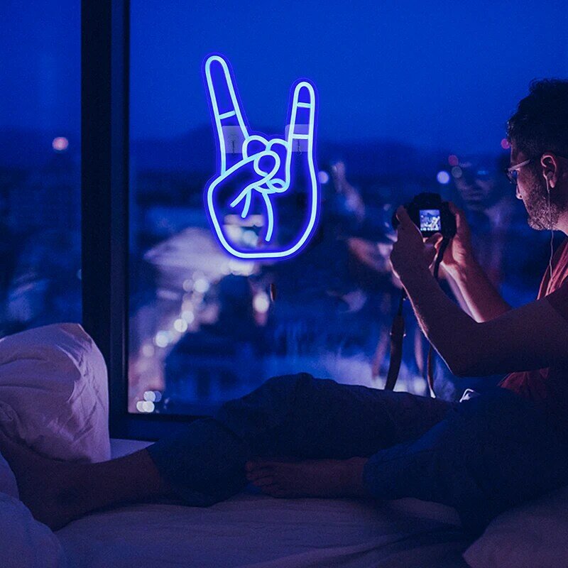Peace Gesture LED 네온 사인 조명, USB 아트 룸 램프, 홈 바, 침실 축제, 글로우 파티 장식, 쿨 톤 디자인 로고