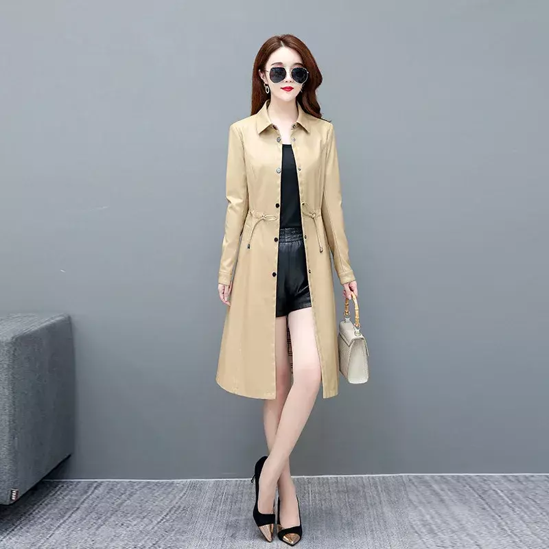 Jaqueta de couro de comprimento médio feminina, casaco lapela, corta-vento casual fino, moda coreana, outono, 2023