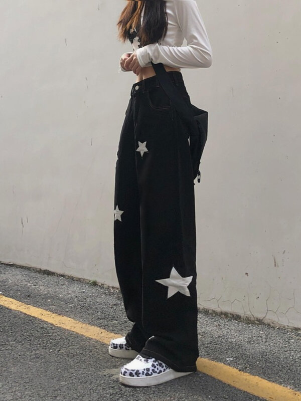 Celana Jeans Kargo Hitam Streetwear Retro HOUZHOU Y2K Celana Panjang Musim Gugur Wanita Gambar Cetak Kpop Antik Punk Gotik