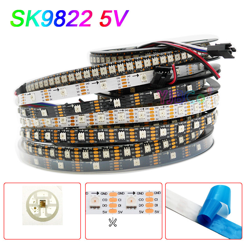 Faixa LED endereçável barra de luz, dados e relógio combinado, SMD 5050 RGB Pixel, fita IC lâmpada, 5V DC SK9822, 30, 60, 144 LEDs, m, IP30, 65, 67