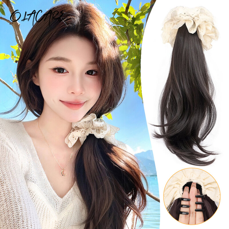 OLA Rose Claw Clip In Wavy Ponytail Extensions Synthetic Fiber Hair Piece 18 Inch Long Wavy Ponytail Extensions For Women Girls