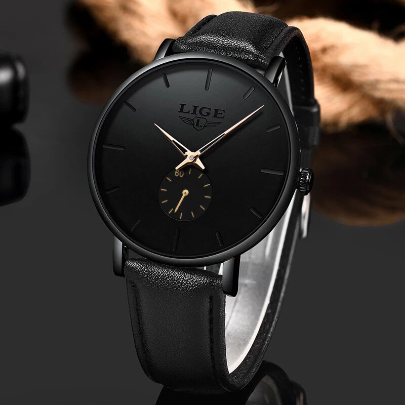 นาฬิกาผู้ชายแฟชั่น Lige 2023แบรนด์หรูนาฬิกาควอตซ์กันน้ำหนังของแท้ลำลอง