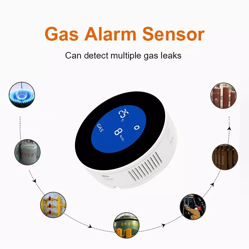 Fungsi aplikasi WiFi Tuya Alarm kebocoran Gas alami dapur Sensor temperatur tampilan Digital LCD sirene suara detektor mudah terbakar