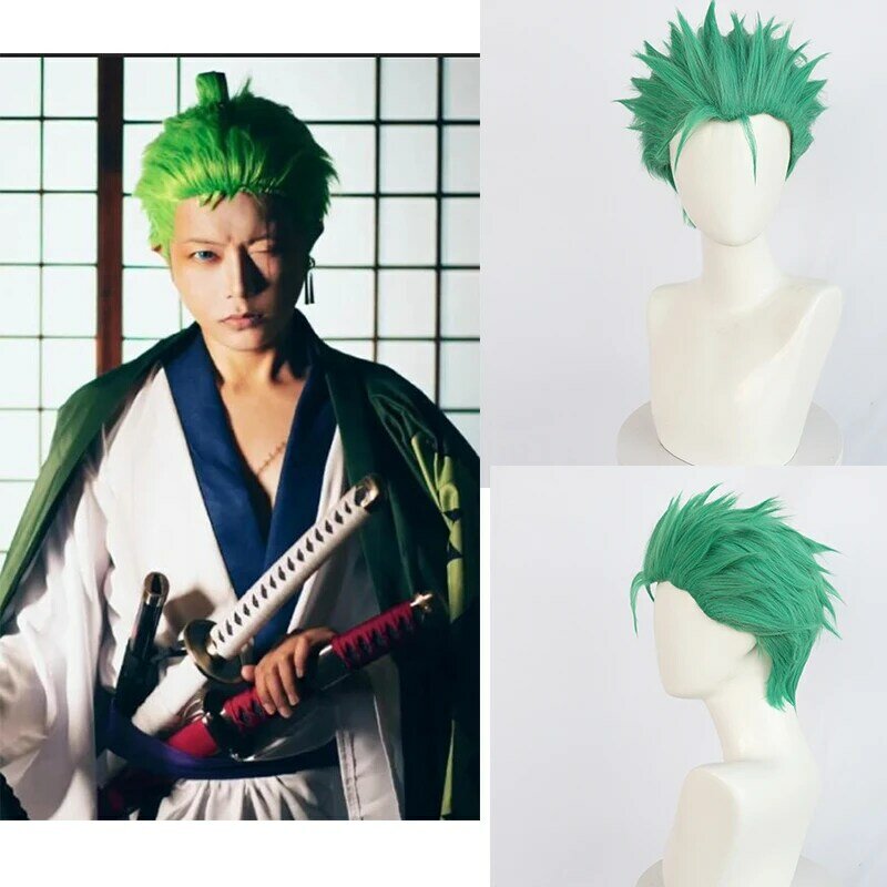 Wig Cosplay Anime Roronoa Zoro, kostum Cosplay hijau Zoro Pria Wanita, Wig pesta Halloween, properti permainan peran
