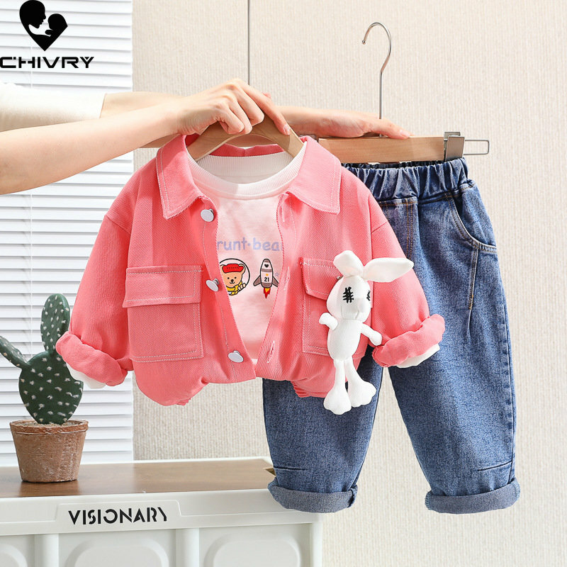 Set di abbigliamento per ragazze in tre pezzi nuovo 2023 neonata primavera Cartoon top cappotto con risvolto di coniglio carino con pantaloni in Denim vestiti per bambini