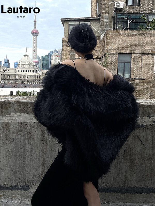 Lautaro-abrigo de piel sintética para mujer, chaqueta esponjosa de gran tamaño, suave y gruesa, con cuello vuelto, color negro, para invierno, 2023