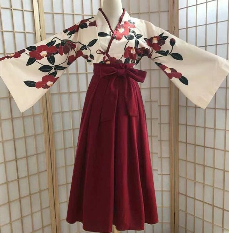 기모노 사쿠라 소녀 일본 스타일 꽃 프린트 빈티지 드레스, 동백 사랑 코스튬, 하오리 유카타 아시아 의류