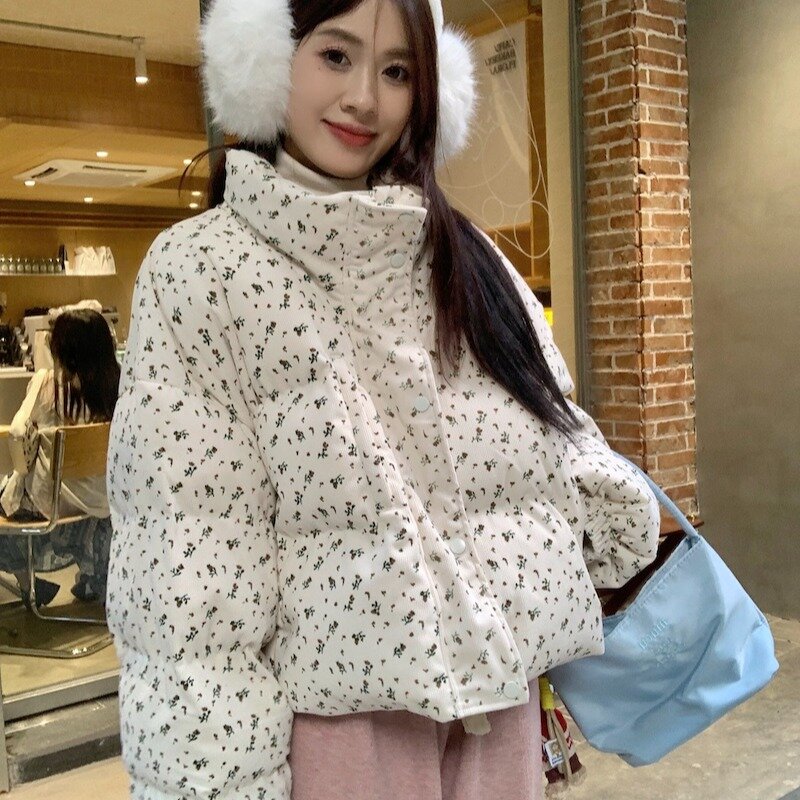 Chaqueta de algodón con estampado Floarl para mujer, abrigo corto grueso y suelto de estilo forestal para estudiantes, invierno, 2023