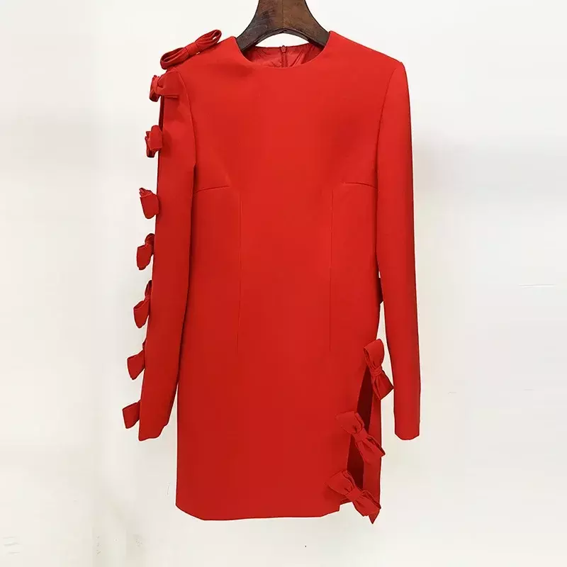 Женское Асимметричное мини-платье с бантом, осень 2023, новые модные стильные ажурные элегантные женские платья красного, черного цветов с длинным рукавом