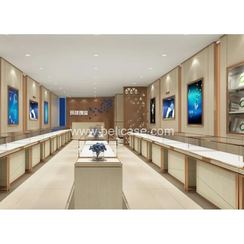 Vitrina de joyería personalizada de alta gama con luz LED, diseño moderno de mostrador de tienda de joyería