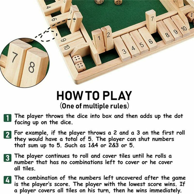 Jogo de madeira Dice Board para crianças e adultos, 4 jogadores, Pub, Bar, Fontes do partido, Flaps e Dices, Entretenimento familiar, Shut The Box