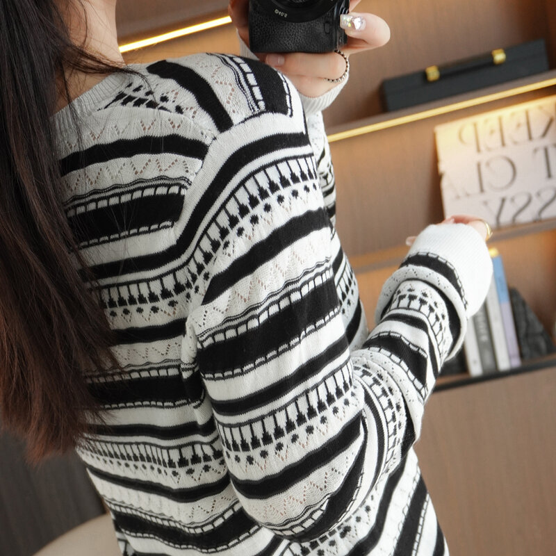 Women's Pullover Spring/Autumn 100% Cotton Sweater Casual Striped Knitwear Ladies Tops Round Neck Loose Blouse Hollow