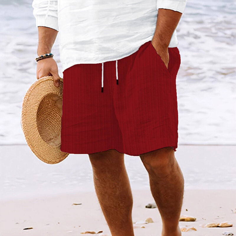 Celana pendek pantai cepat kering pria, celana selancar katun baru dan celana pendek rami banyak tas tali dapat diluncurkan