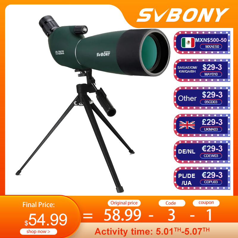 SVBONY SV28/SV28PLUS Spotting Scopes with Tripod,25-75x70,Waterproof,Range Shooting Scope,Compact, for Target Shooting,Archery
