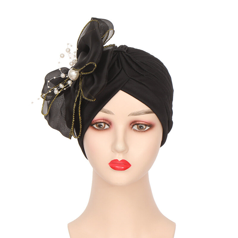 Eleganckie damskie perełki Turban w kwiaty muzułmańskie nakrycia głowy w czepku Bowknot Femme Musulman czapka chusta na głowę Lady Beanie akcesoria do włosów
