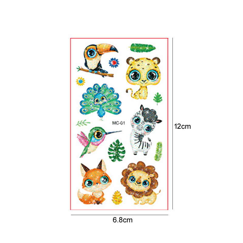 어린이용 다채로운 반짝이 타투 스티커, 만화 동물 유니콘 나비, 임시 가짜 문신, 어린이 선물, 세트당 10 장