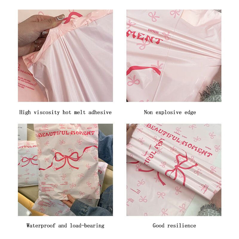 50 szt. Różowych plastikowych toreb kurierskich z kokardą i nadrukiem w koperty ekspresowe do pakowania koperty samoprzylepne torebka wysyłkowa