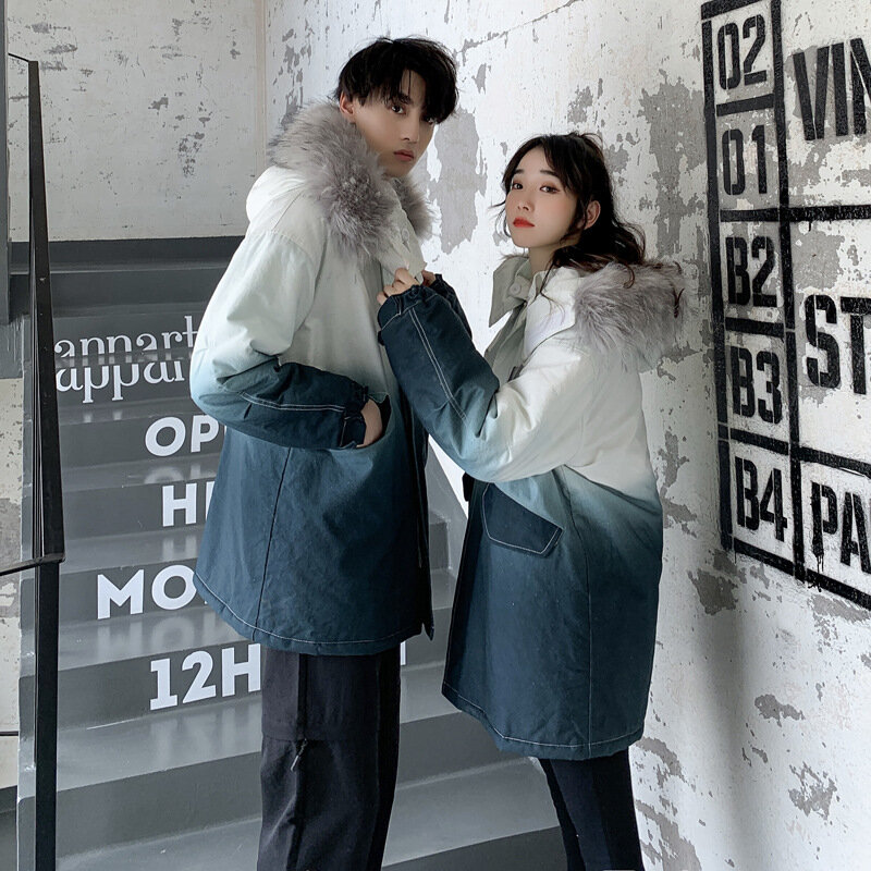 The Gradient Color School Overcomes The Long Style of Cotton-padded Clothes for Women. Korean Loose Couple Down Cotton-padded Ja