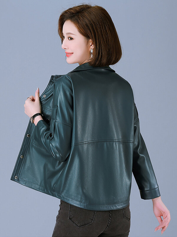 New Women Plus Size Leather Jacket Spring Autumn Fashion Casual Long Sleeve Loose Sheepskin Coat Split Leather Short Outerwear